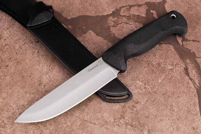 Нож "Степной" AUS-8 stonewash, черный, эластрон   
